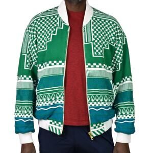 Anz Sweater Jacket Knit Green Keffiyey Zip Front Geo Print Streetwear Size XL
